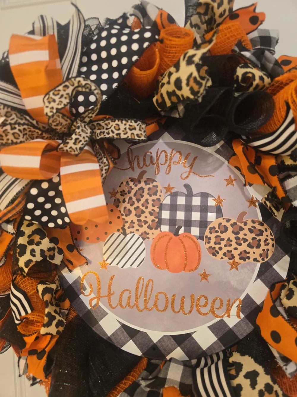 Halloween Pumpkin Wreath with Leopard and Plaid Accents